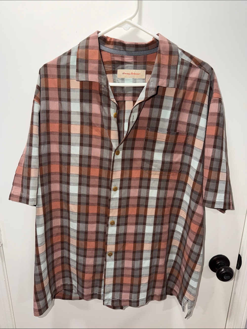 Tommy Bahama Short-Sleeve Plaid Button-Down in Brown and Pink
